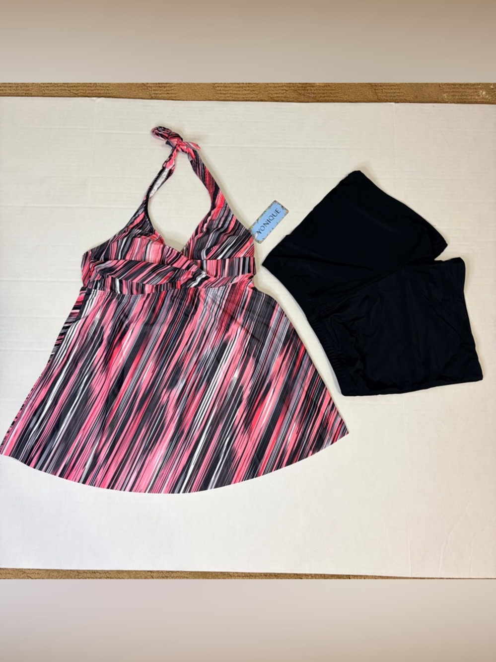 Pink Striped Halter Tankini with Black Swim Shorts